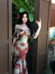【25s Mar.】French Floral Print Bodycon Strapless Dress
