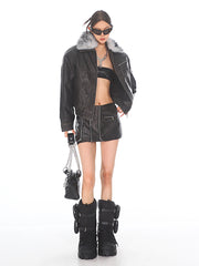 【24s Oct.】Vintage Detachable Fur Collar Short Motorcycle Jacket ArtsKoreanMan