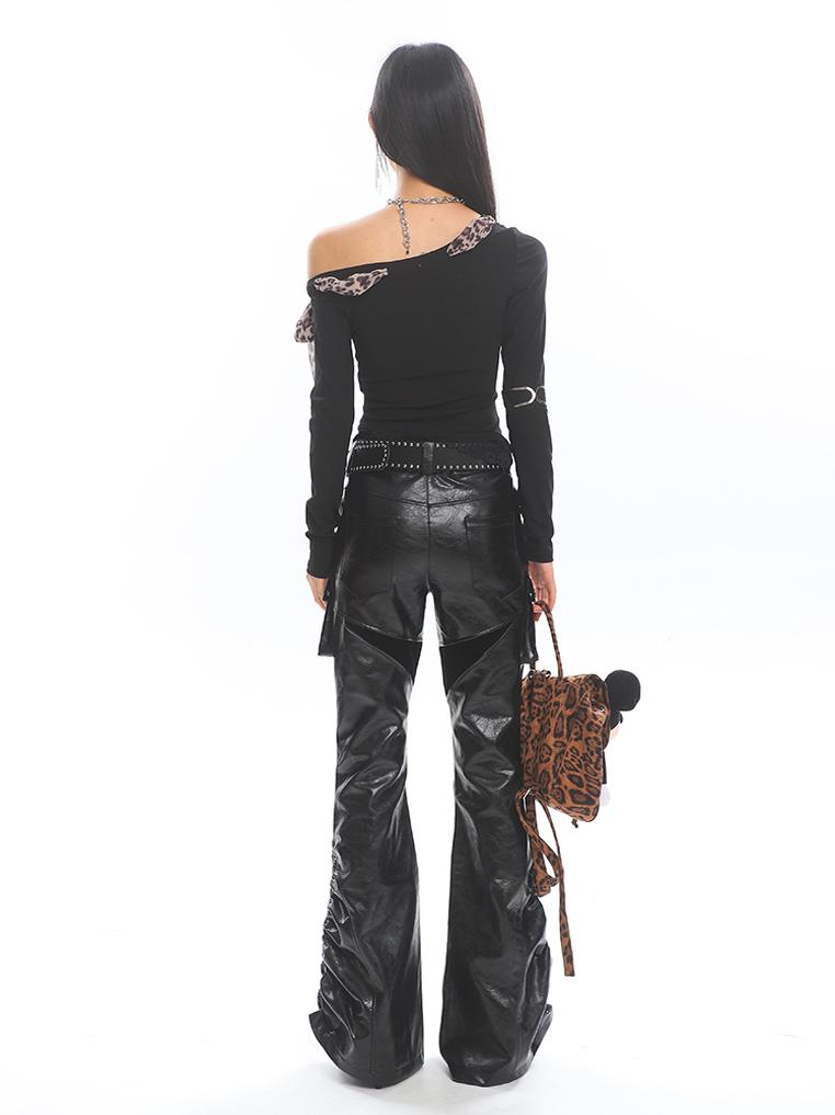 【24s Jan.】American Style Leopard Print Ribbon Off-shoulder Long Sleeves