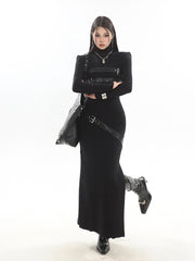 【23s November.】Knitted Patchwork Leather High-neck Slit Dress ArtsKoreanMan