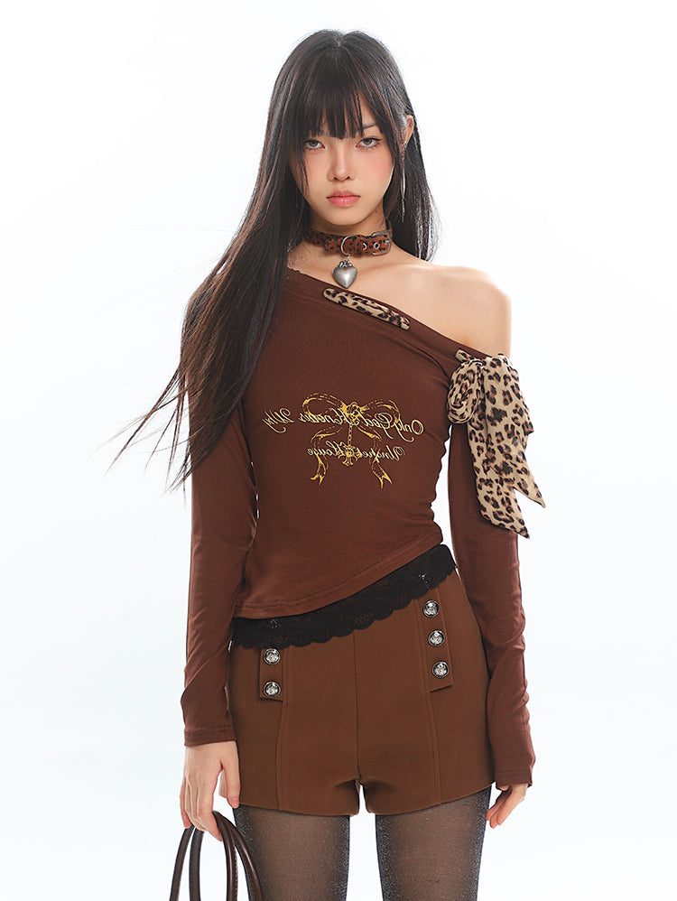 【24s Jan.】American Style Leopard Print Ribbon Off-shoulder Long Sleeves