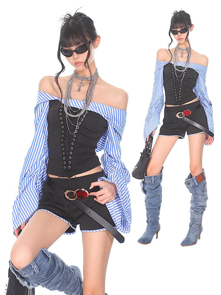 【24s Sep.】Vietnamese Niche Retro Striped Splicing Top + Shorts ArtsKoreanMan