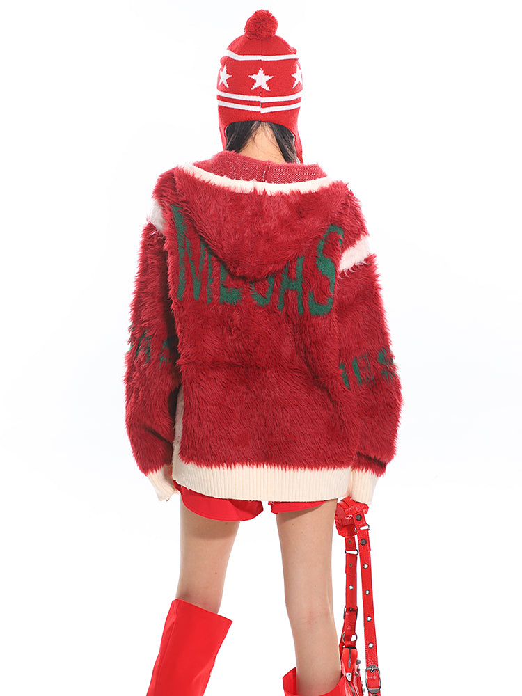 【25s Jan.】Christmas Red and White Stitching Embroidered Hooded Sweater