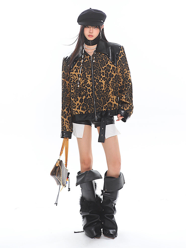 【24s Nov.】Leopard Print Motorcycle Jacket with Leather Lapel ArtsKoreanMan