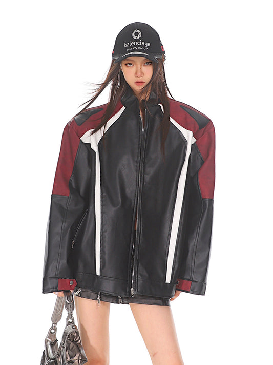 【24s Oct.】Black and Red Contrast Leather Motorcycle Jacket ArtsKoreanMan