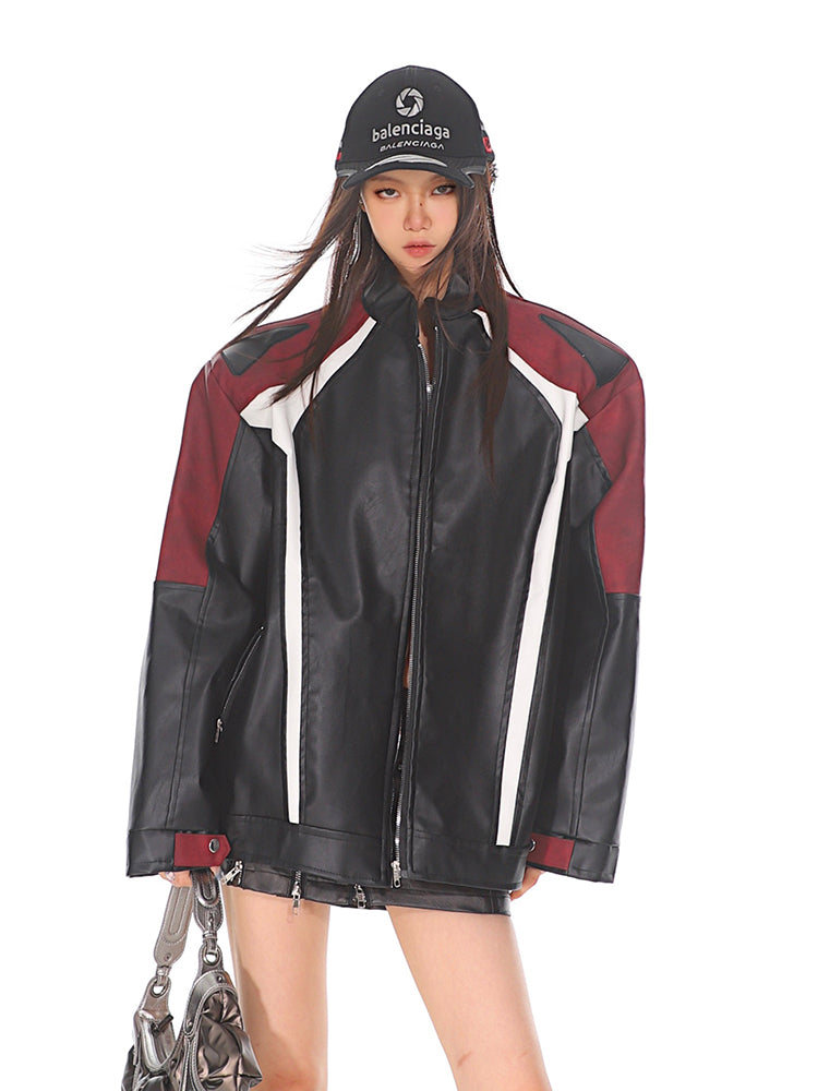 【24s Oct.】Black and Red Contrast Leather Motorcycle Jacket ArtsKoreanMan