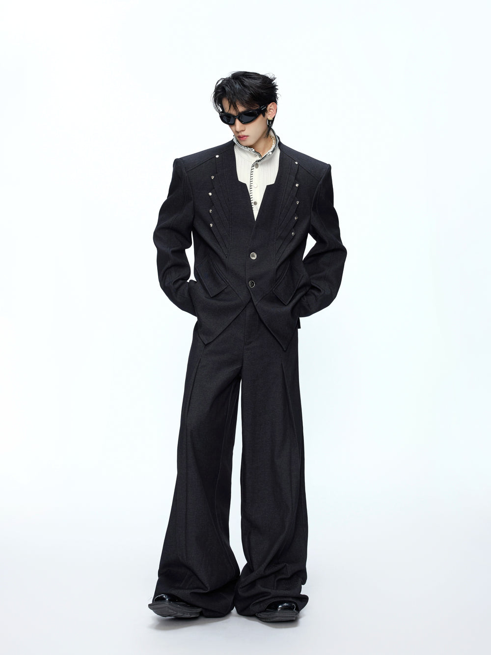 Collarless layered black suit jacket