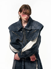 【25s Apr.】Faux Two-piece Design Zippered Denim Jacket+Pants