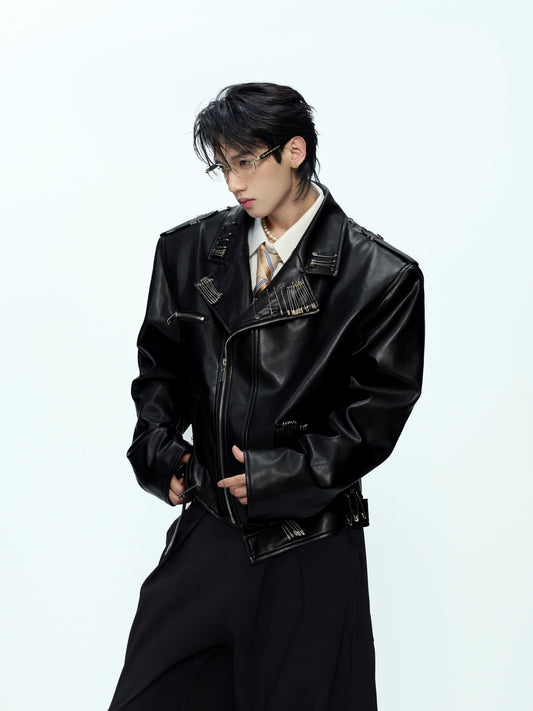 Black thick leather jacket with a print of an ancient Chinese beauty smoking.