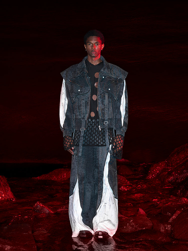 【25s Apr.】Faux Two-piece Design Zippered Denim Jacket+Pants