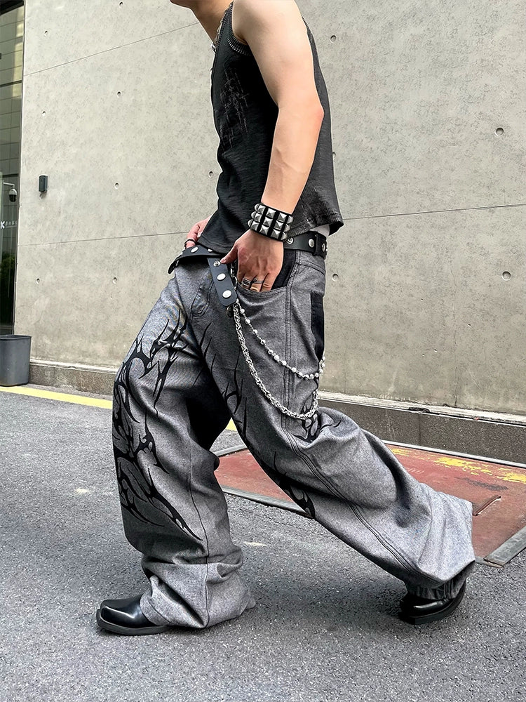 【25s Jun.】Vintage Washed Distressed Colorblock Thorn Print Jeans