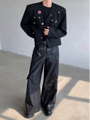 Black Collarless Button-Detail Cropped Jacket