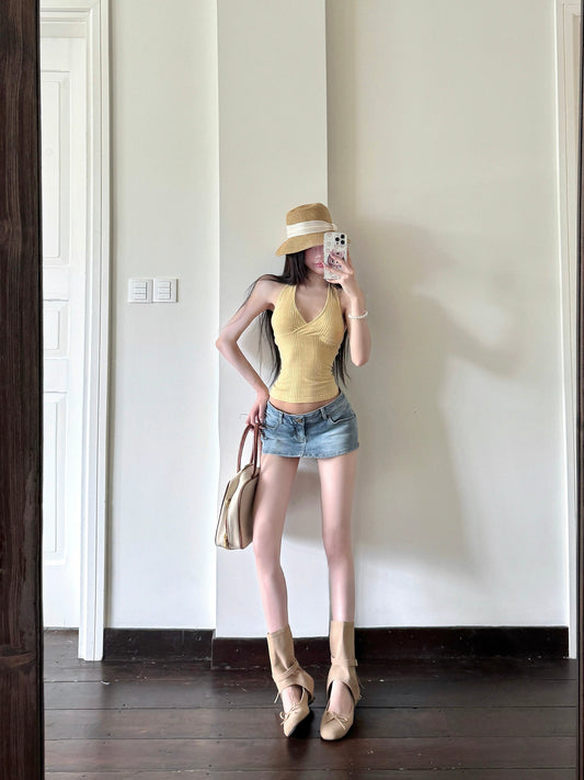 【25s Aug.】Knit Halter V-Neck Cold Shoulder Sleeveless Top