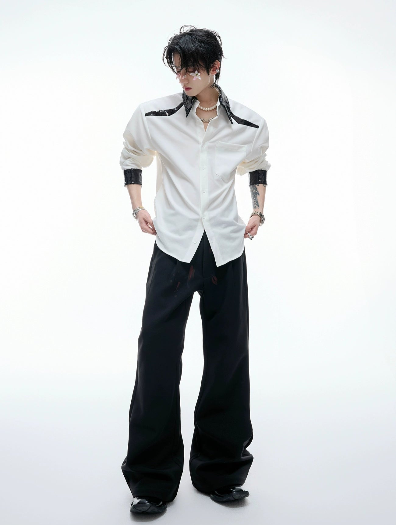 【25s Aug.】Sequined Contrast Lapel Shirt