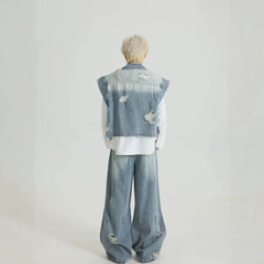 Distressed Denim Vest Wide-Leg Set