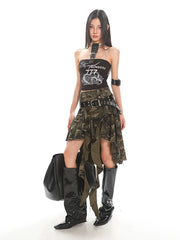 【25s Jul.】Asymmetrical Camo Denim Midi Skirt