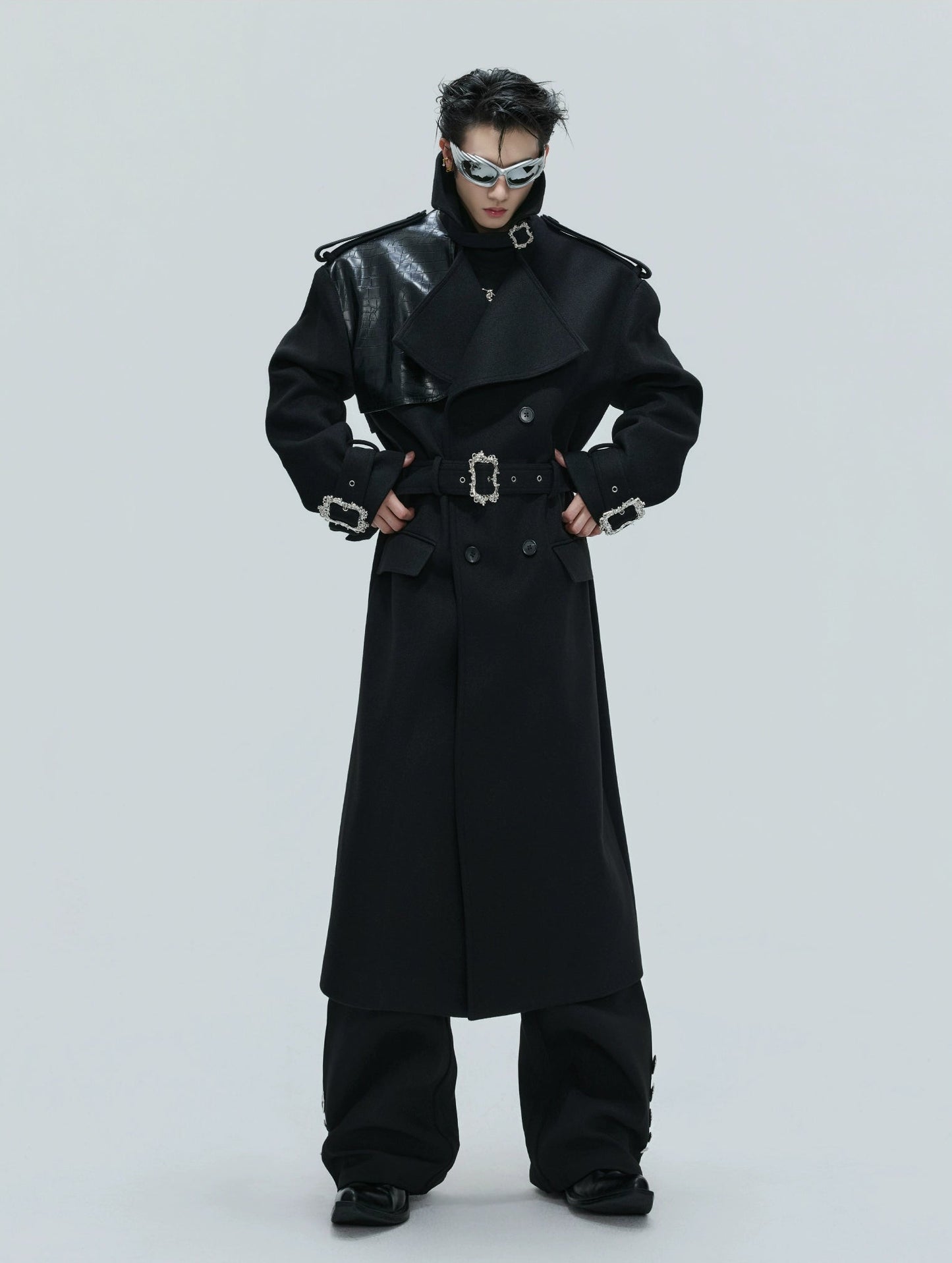 【25s Nov.】Crocodile-print Lace-up Metal Buckles Woolen Coat