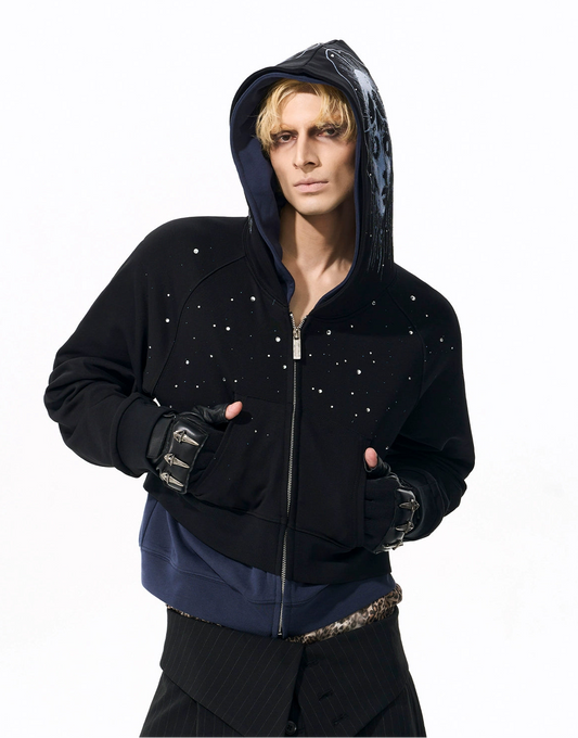 【25s Nov.】Rhinestone-studded Diagonal Zipper Short Printed Jacket