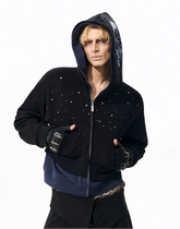 【25s Nov.】Rhinestone-studded Diagonal Zipper Short Printed Jacket