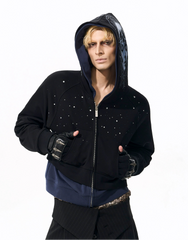 【25s Nov.】Rhinestone-studded Diagonal Zipper Short Printed Jacket