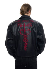 【25s Sep.】Cropped Faux Leather Jacket with Thorn Embroidery