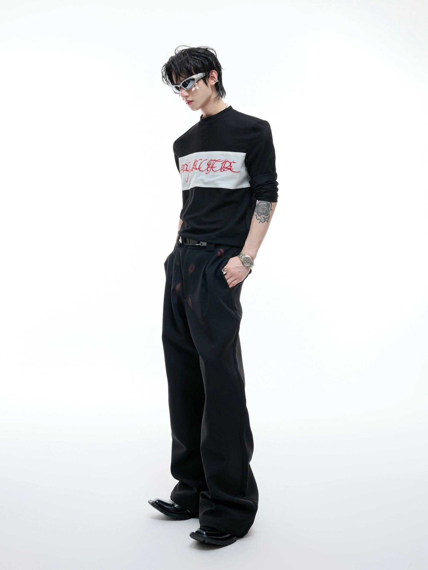 【25s Aug.】Mesh Elastic Slim Fit Embroidered Bottoming Shirt
