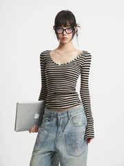 【25s Aug.】Vintage Striped V-Neck Long Sleeve Shirt