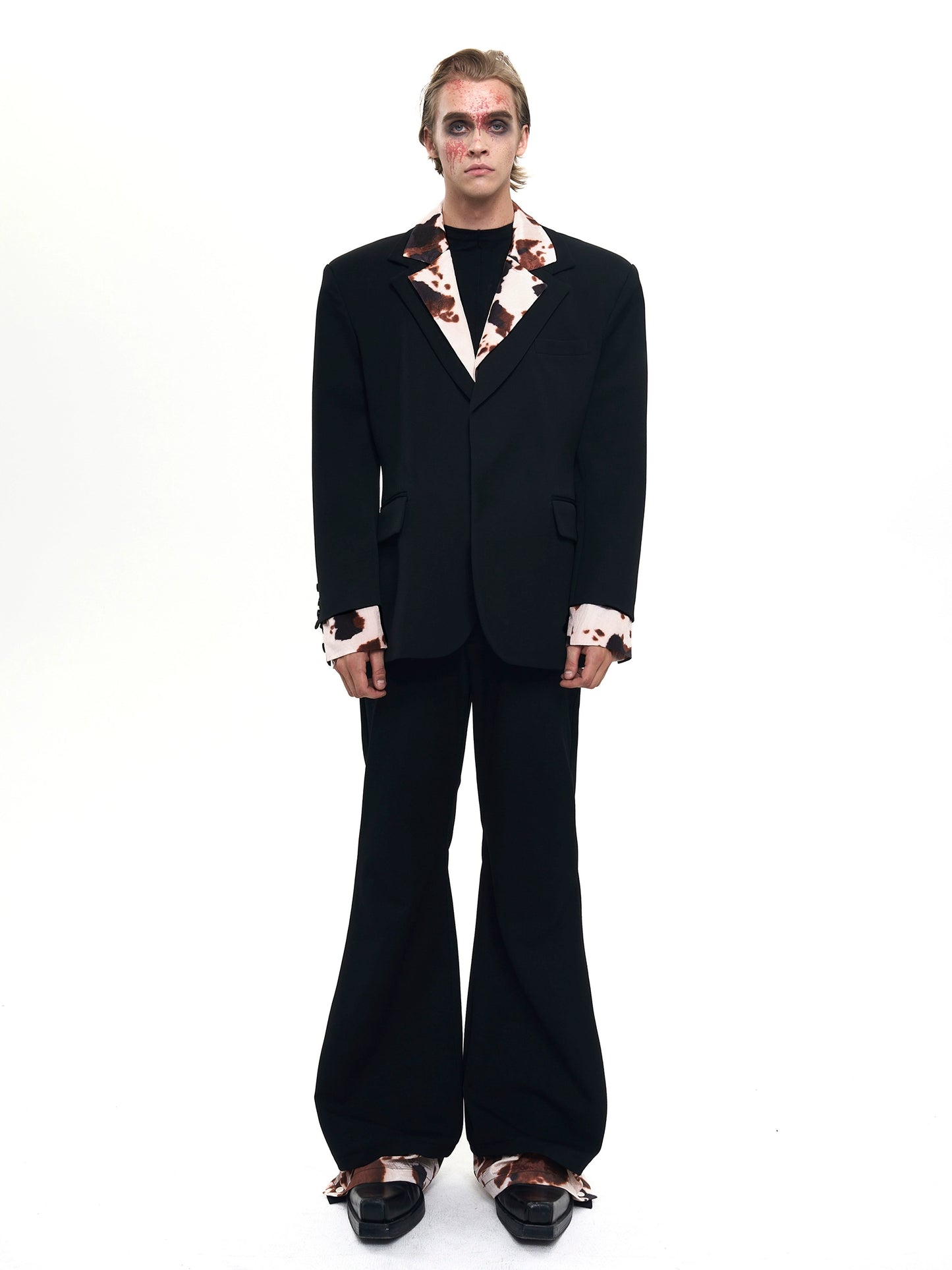 【25s Aug.】Structured Black Blazer with Cow Print Layer Detail