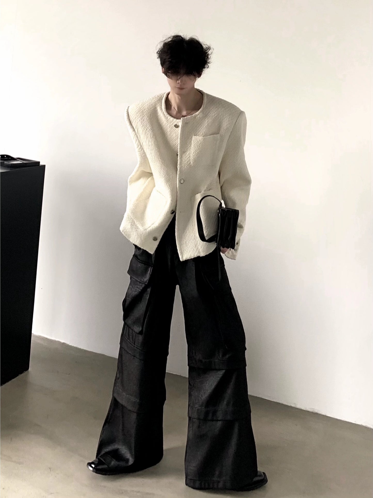 【25s Jul.】White Tweed Collarless Shoulder-Pad Jacket