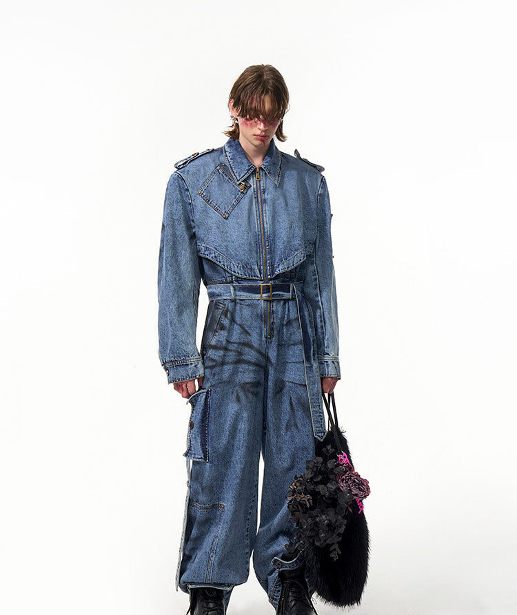 【25s Apr.】Dirty Dyed Washed Multi-pocket Zipper Denim Jumpsuit