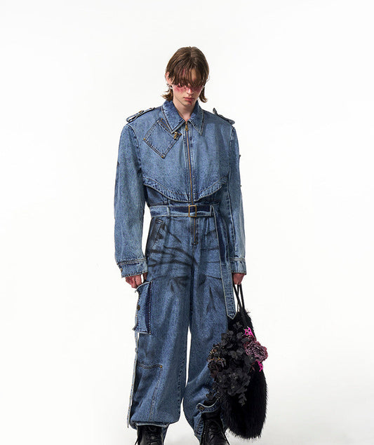 【25s Apr.】Dirty Dyed Washed Multi-pocket Zipper Denim Jumpsuit