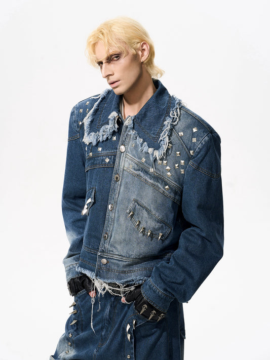 【25s Oct.】Distressed Raw-edge Metal Rivets Denim Jacket