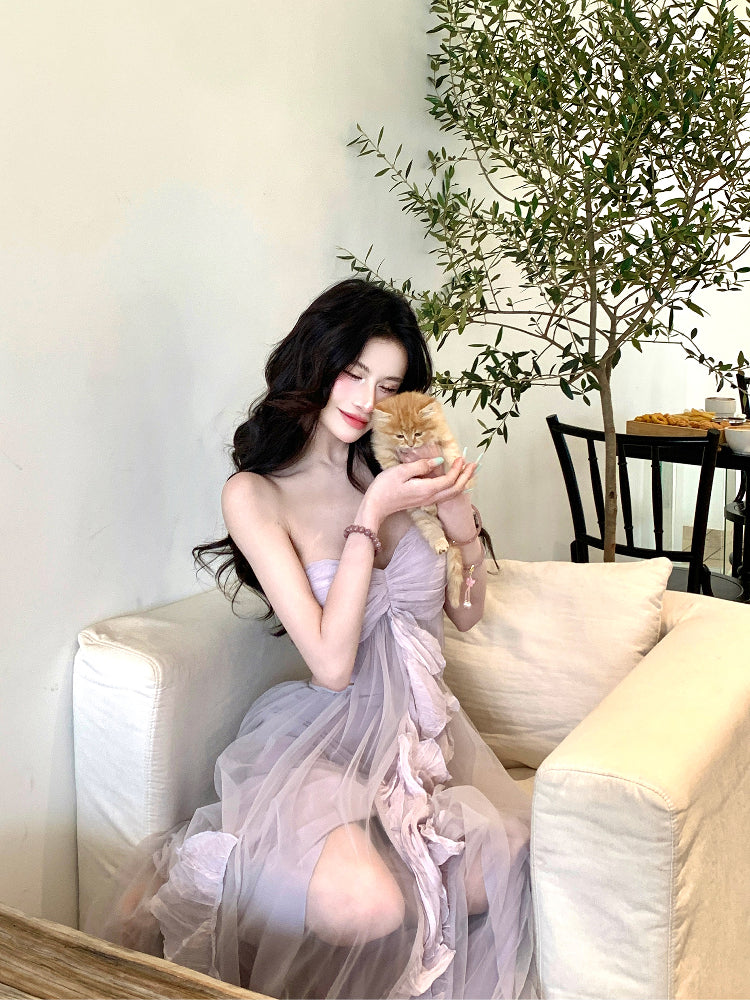【25s Apr.】Lace Design Tube Top Waist Long Dress