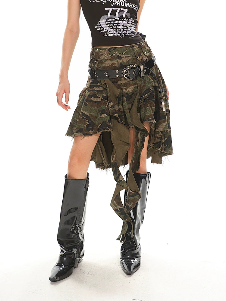 【25s Jul.】Asymmetrical Camo Denim Midi Skirt