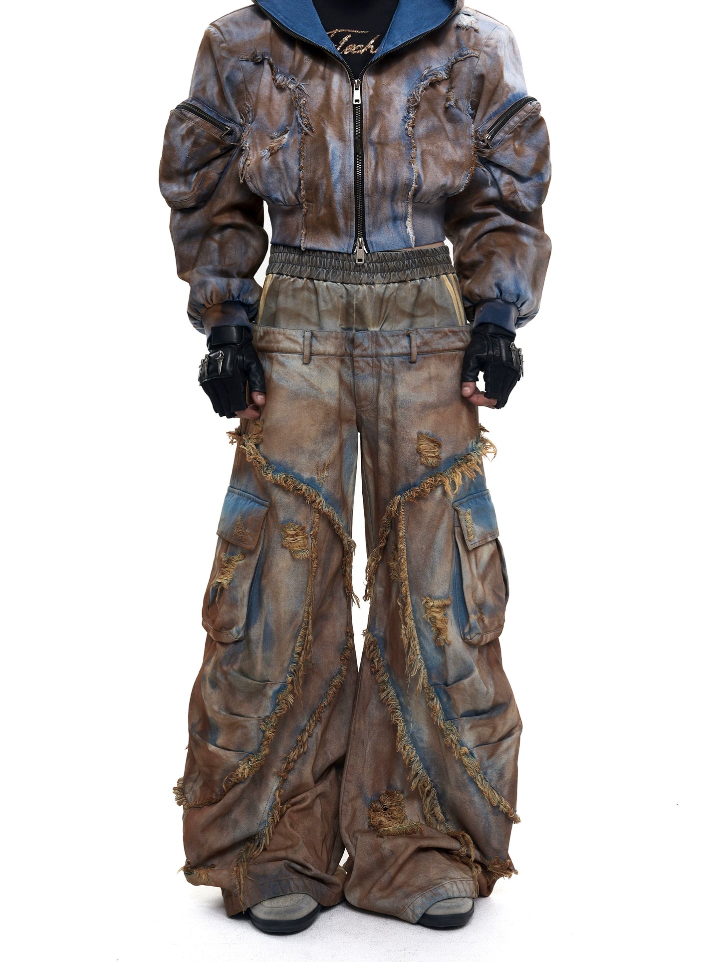 【25s Aug.】Deconstructed Wasteland Style Distressed Mud-dyed Denim Jacket / Patchwork Jeans