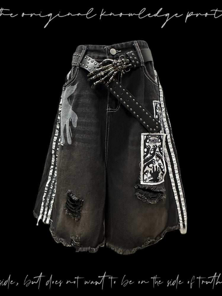 【25s Aug.】Black Striped Distressed Denim Shorts with Patch Details