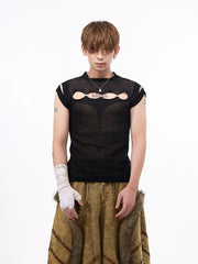 【25s Jul.】Hand-Beaded Sheer Black Webbed Knit Vest