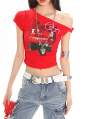 【25s Jun.】Rhinestone One-Shoulder Slim Fit Tee