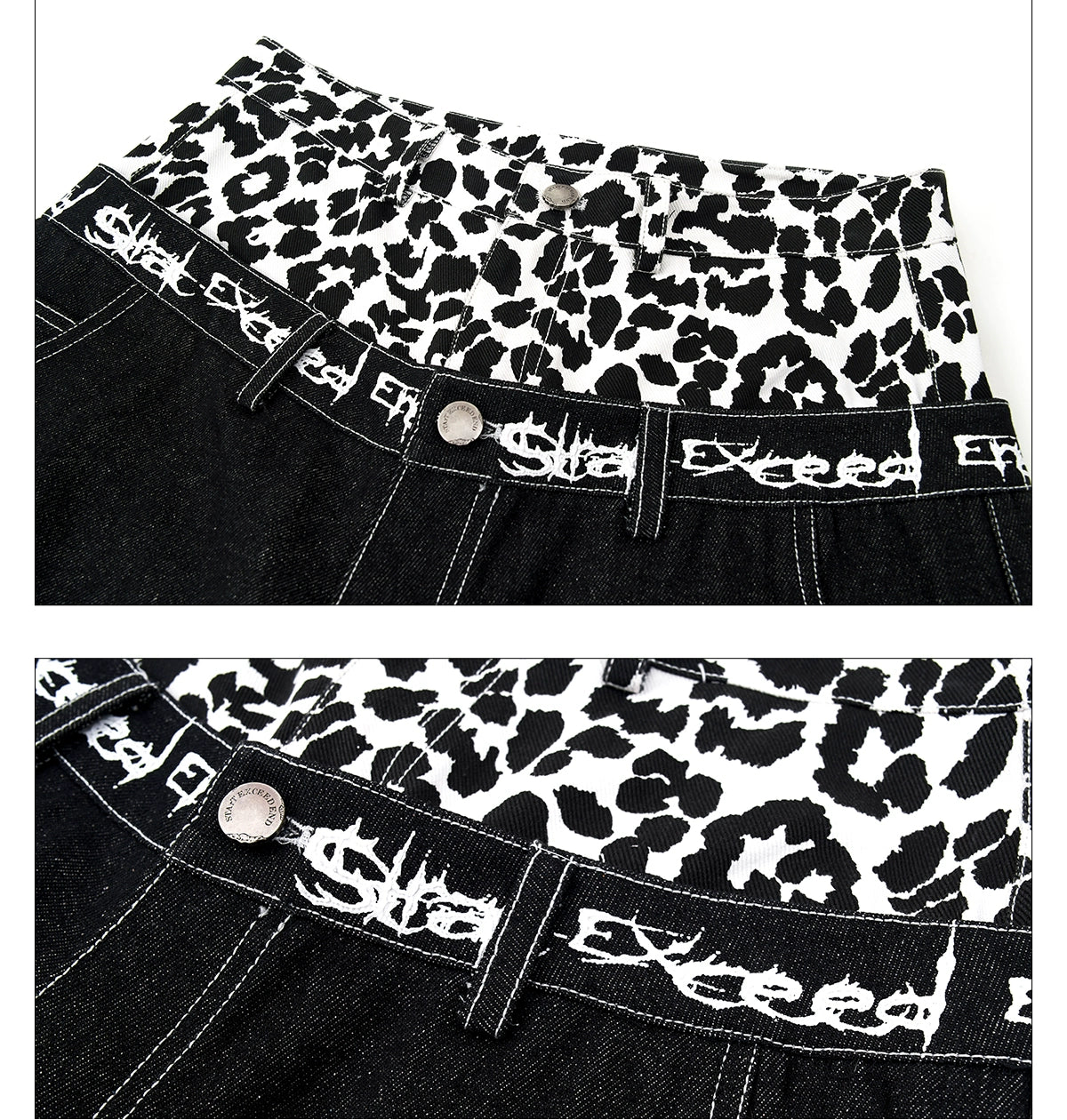 Hand-painted Thorn Leopard Print Double Waistband Jeans