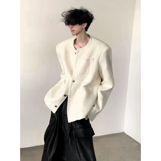 【25s Jul.】White Tweed Collarless Shoulder-Pad Jacket