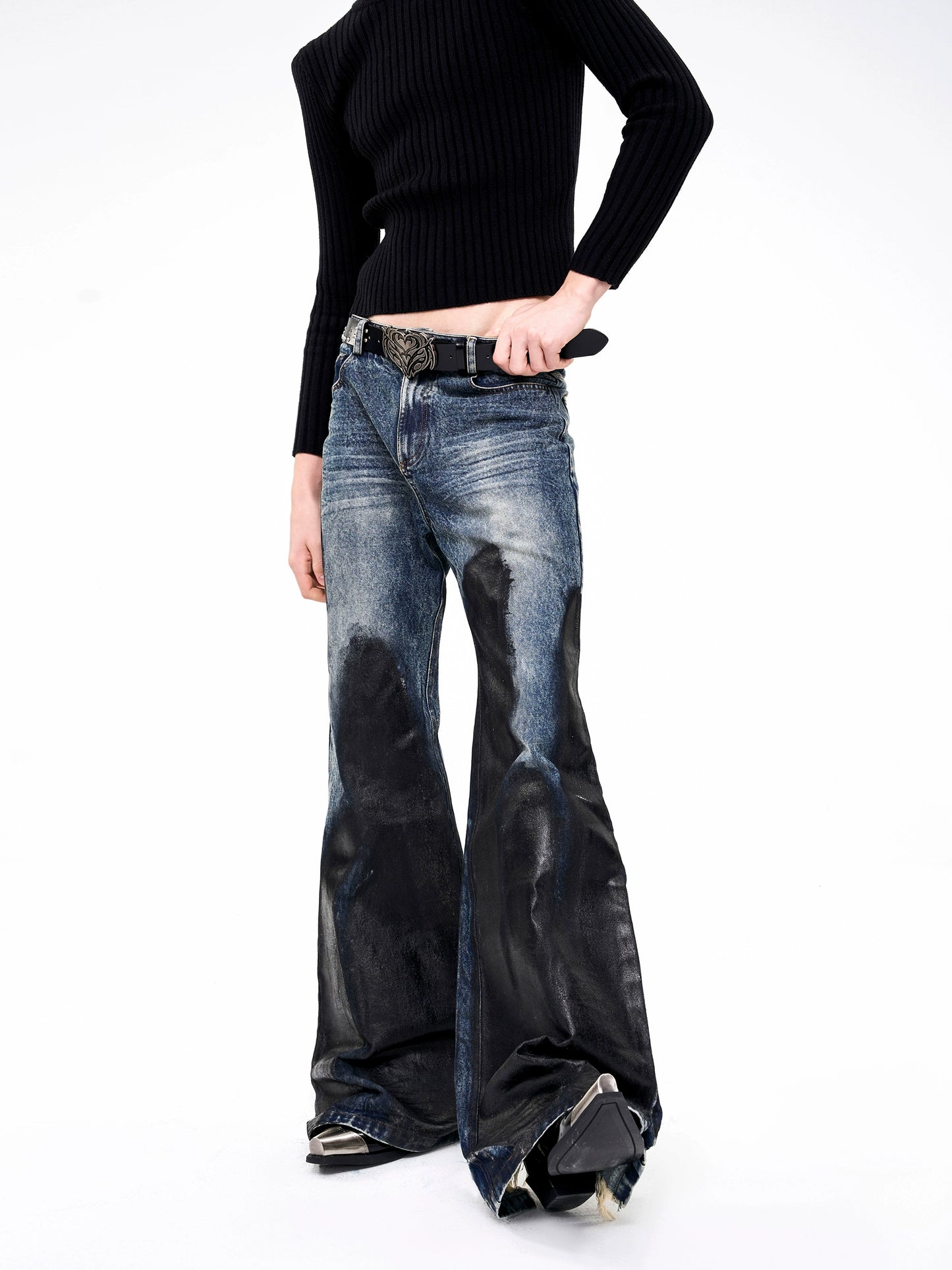 Heavy Waxed Flared Tassel Jeans