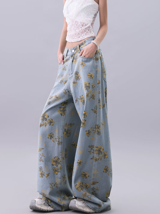 【25s Jul.】Vintage Printed Loose Draped Floor-Length Wide Jeans