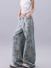 【25s Jul.】Vintage Printed Loose Draped Floor-Length Wide Jeans