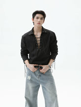 【25s Sep.】Deep V-neck Solid Color Tie-string Shirt