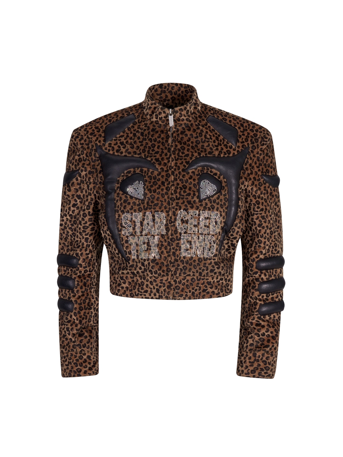 【25s Oct.】Leopard Print Leather and Rhinestone Stand Collar Jacket