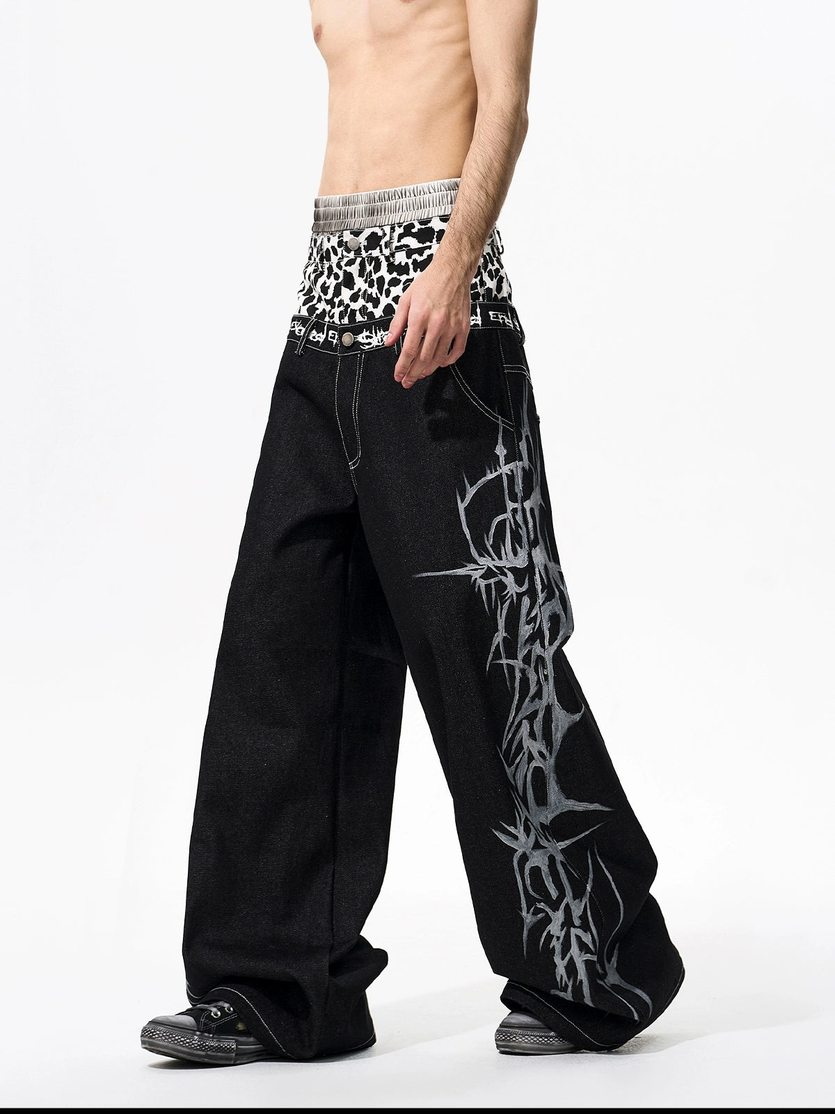Hand-painted Thorn Leopard Print Double Waistband Jeans