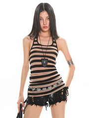 【25s Jul.】Striped Contrast Halter Neck Tank Top