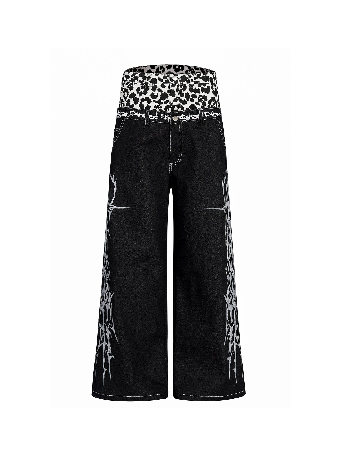 Hand-painted Thorn Leopard Print Double Waistband Jeans