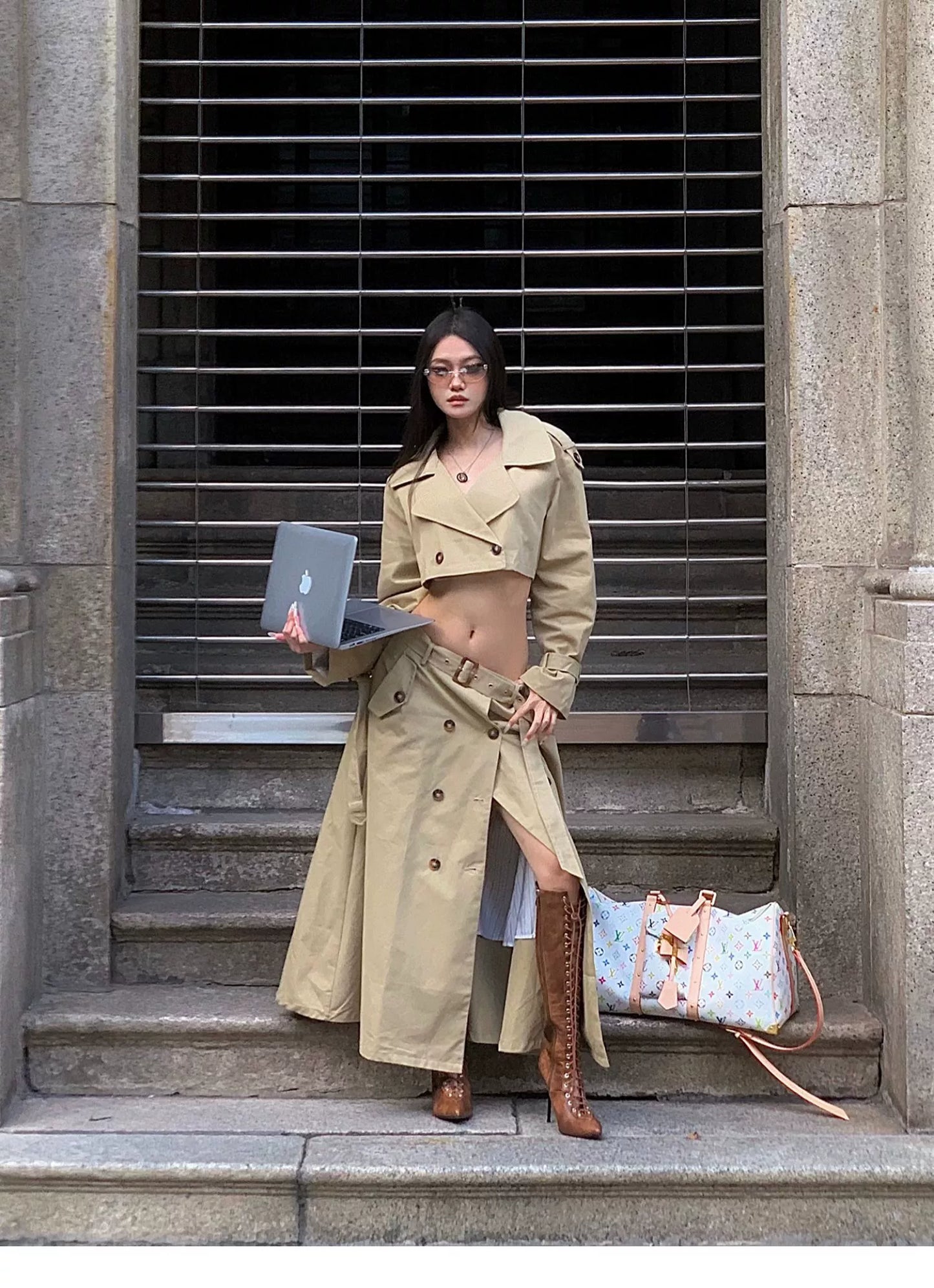 Elegant Khaki Short Trench Coat + Skirt Set
