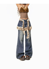 【26s Jan.】Leopard Faux-Layer Fur Panel Wide-Leg Denim Pants